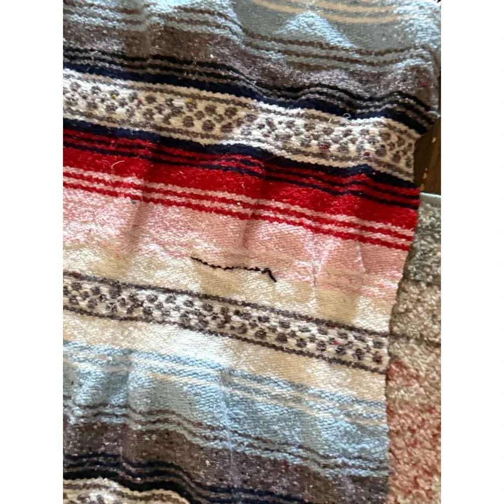 Mexican Falsa Blanket Woven Striped Yoga Beach Throw Blue Red White 42in Width